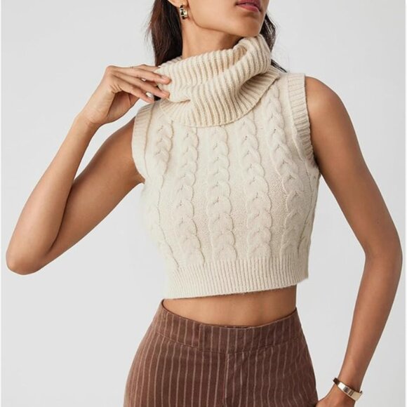 NWT CIDER Women’s Sleeveless Sweater Turtleneck Cable Knit Cropped Vest - Picture 2 of 6